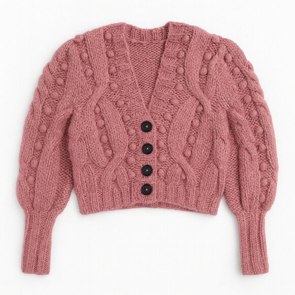Sea New York Pink Cable Knit Wool Alpaca Blend Balloon Sleeve Cropped Cardigan X - Picture 4 of 10